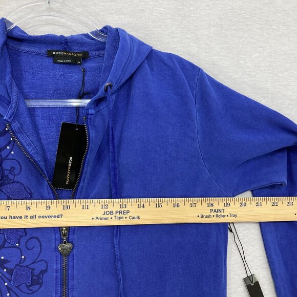 New BCBGMaxAzria Medium Blue Floral Beaded Hooded Y2K Full Zip Long Jacket - Picture 6 of 11